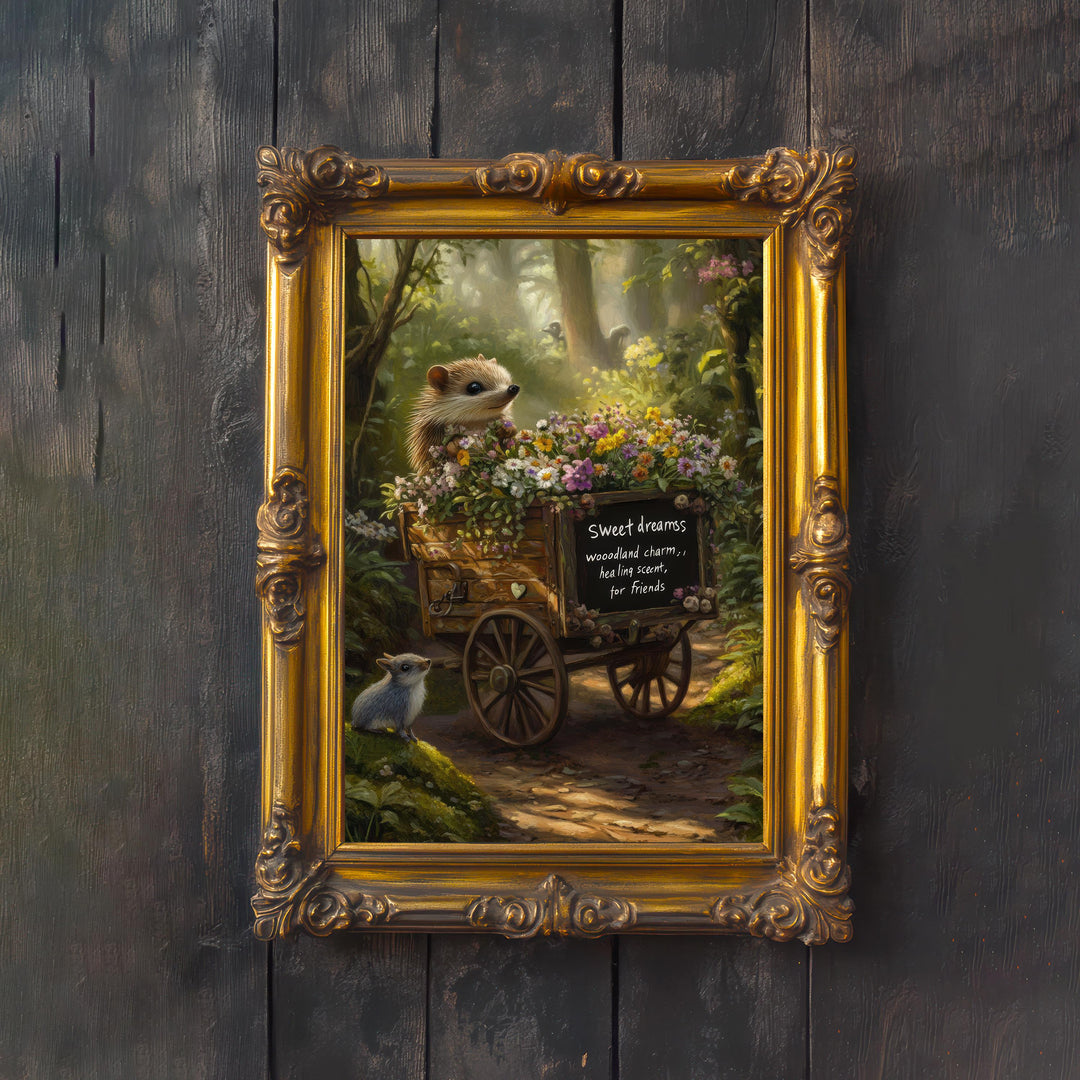Hedgehog Florist Wagon Cottagecore Print Poster Vintage Woodland Art Dark Academia Decor Antique Illustration Enchanted Forest Aesthetic