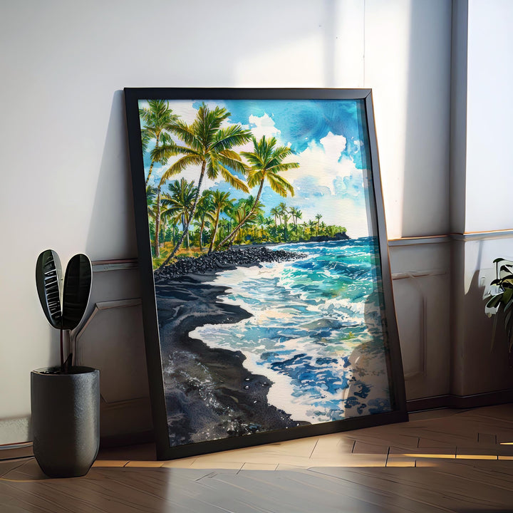 Punaluʻu Black Sand Beach Watercolor Poster Wall Art Punaluʻu Black Sand Beach Wall Hanging Home Décor Punaluʻu Black Sand Beach