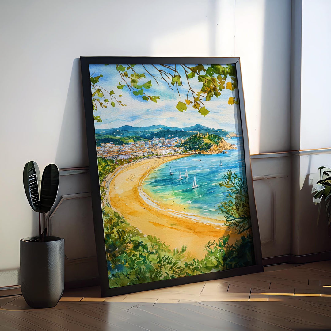 San Sebastian Watercolor Poster Spain Travel Print Wall Art Home Decor Gift Spanish City Beach Food Wall Decor Hanging