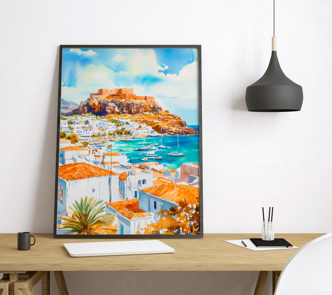 Lindos Watercolor Poster Wall Art Lindos Wall Hanging Home Décor Lindos Gift Art Lovers Greece Wall Art