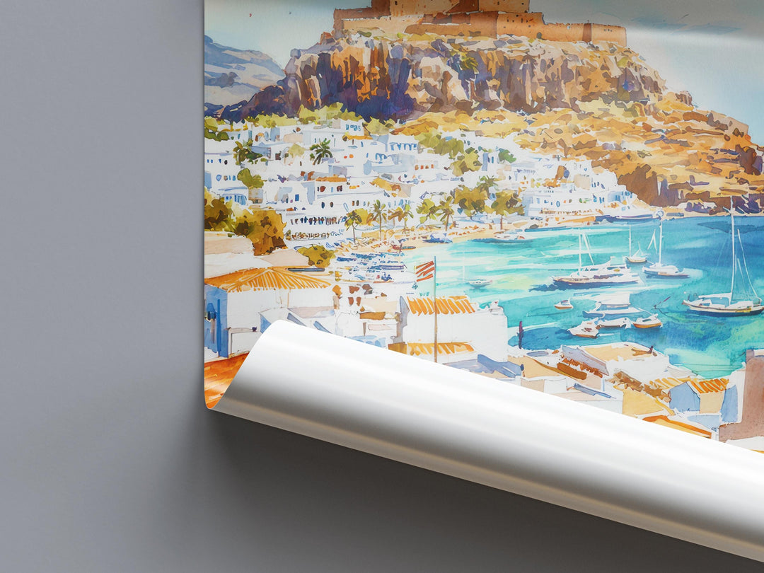 Lindos Watercolor Poster Wall Art Lindos Wall Hanging Home Décor Lindos Gift Art Lovers Greece Wall Art