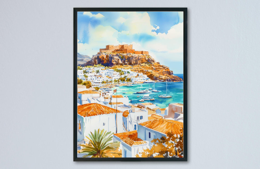 Lindos Watercolor Poster Wall Art Lindos Wall Hanging Home Décor Lindos Gift Art Lovers Greece Wall Art