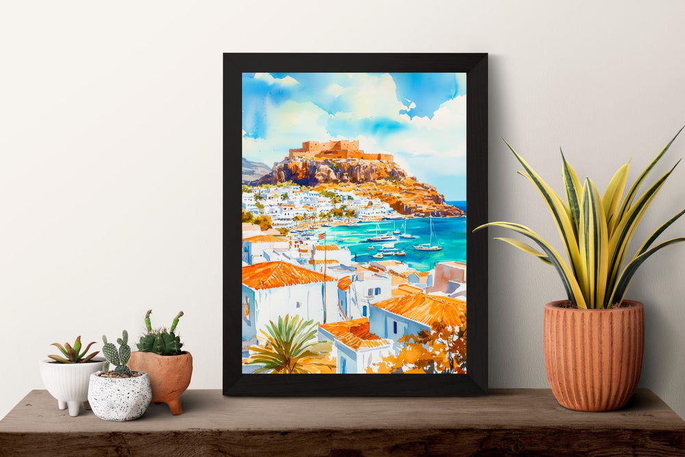 Lindos Watercolor Poster Wall Art Lindos Wall Hanging Home Décor Lindos Gift Art Lovers Greece Wall Art