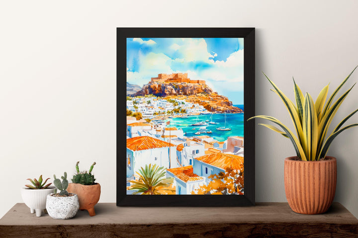 Lindos Watercolor Poster Wall Art Lindos Wall Hanging Home Décor Lindos Gift Art Lovers Greece Wall Art