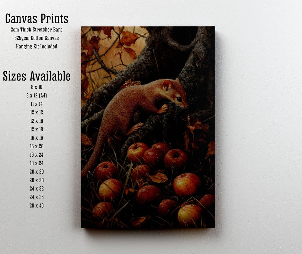 Weasel and Fallen Apples Vintage Illustration, Cottagecore Print