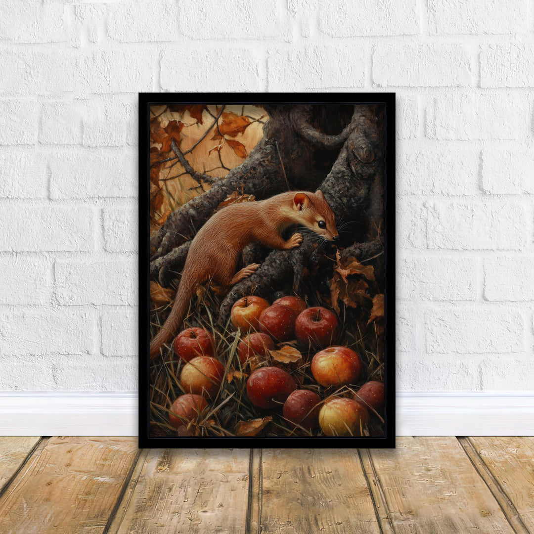Weasel and Fallen Apples Vintage Illustration, Cottagecore Print