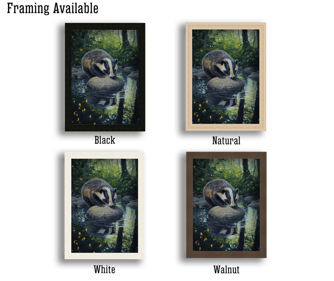 Badger Woodland Stream Print - Vintage Cottagecore Forest Poster