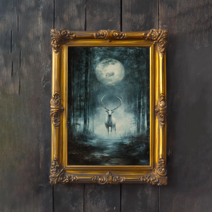 White Stag Moon Print, Vintage Forest Illustration
