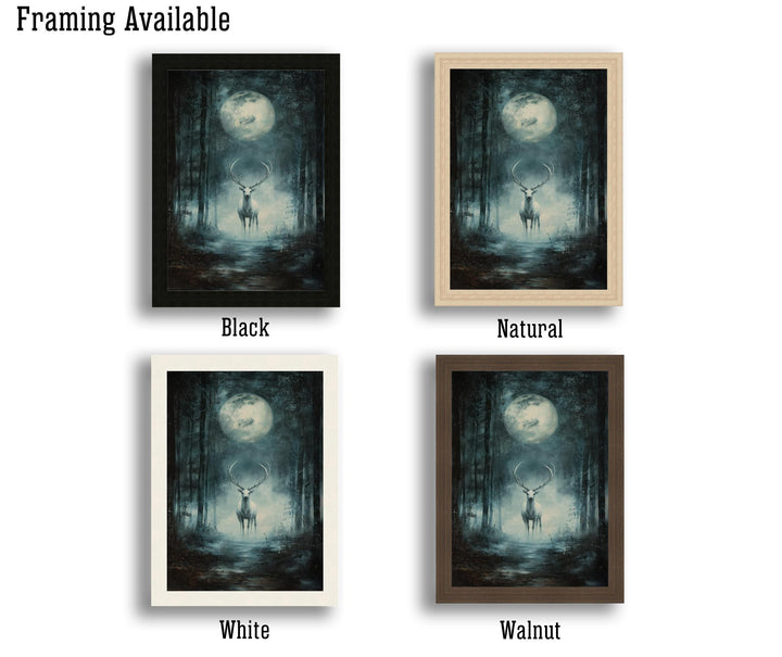White Stag Moon Print, Vintage Forest Illustration