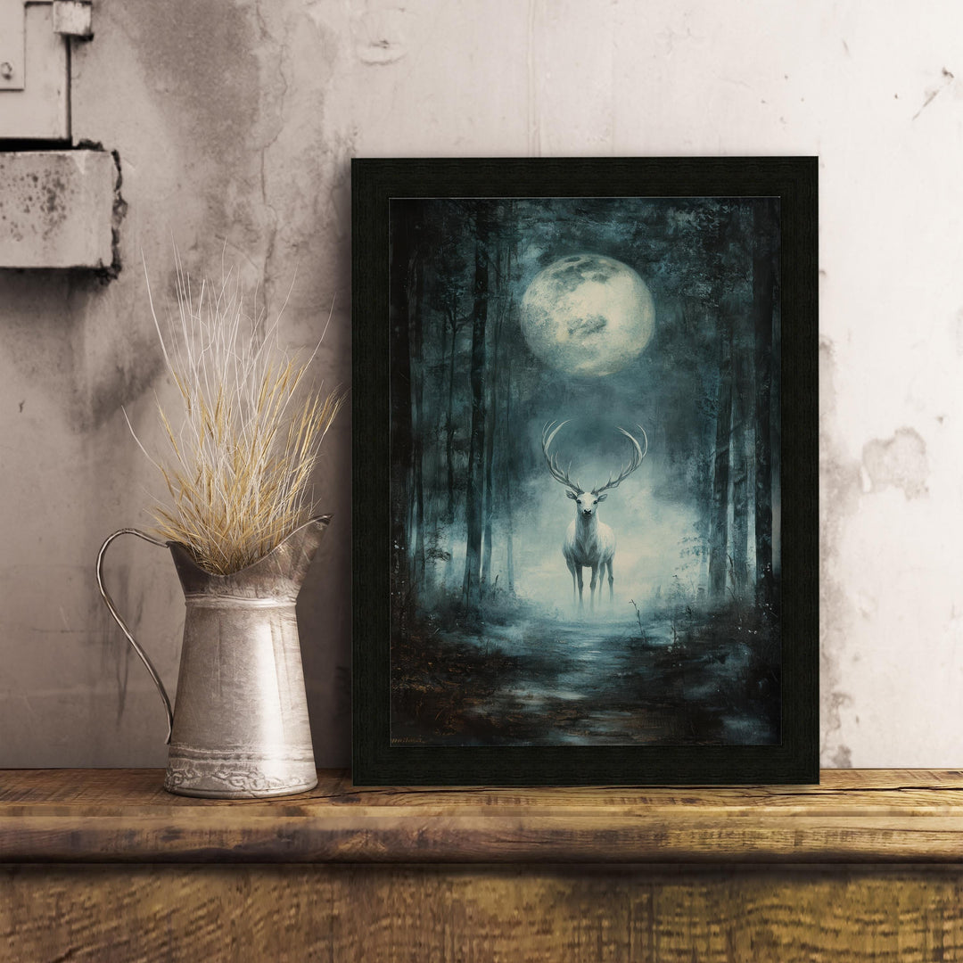 White Stag Moon Print, Vintage Forest Illustration