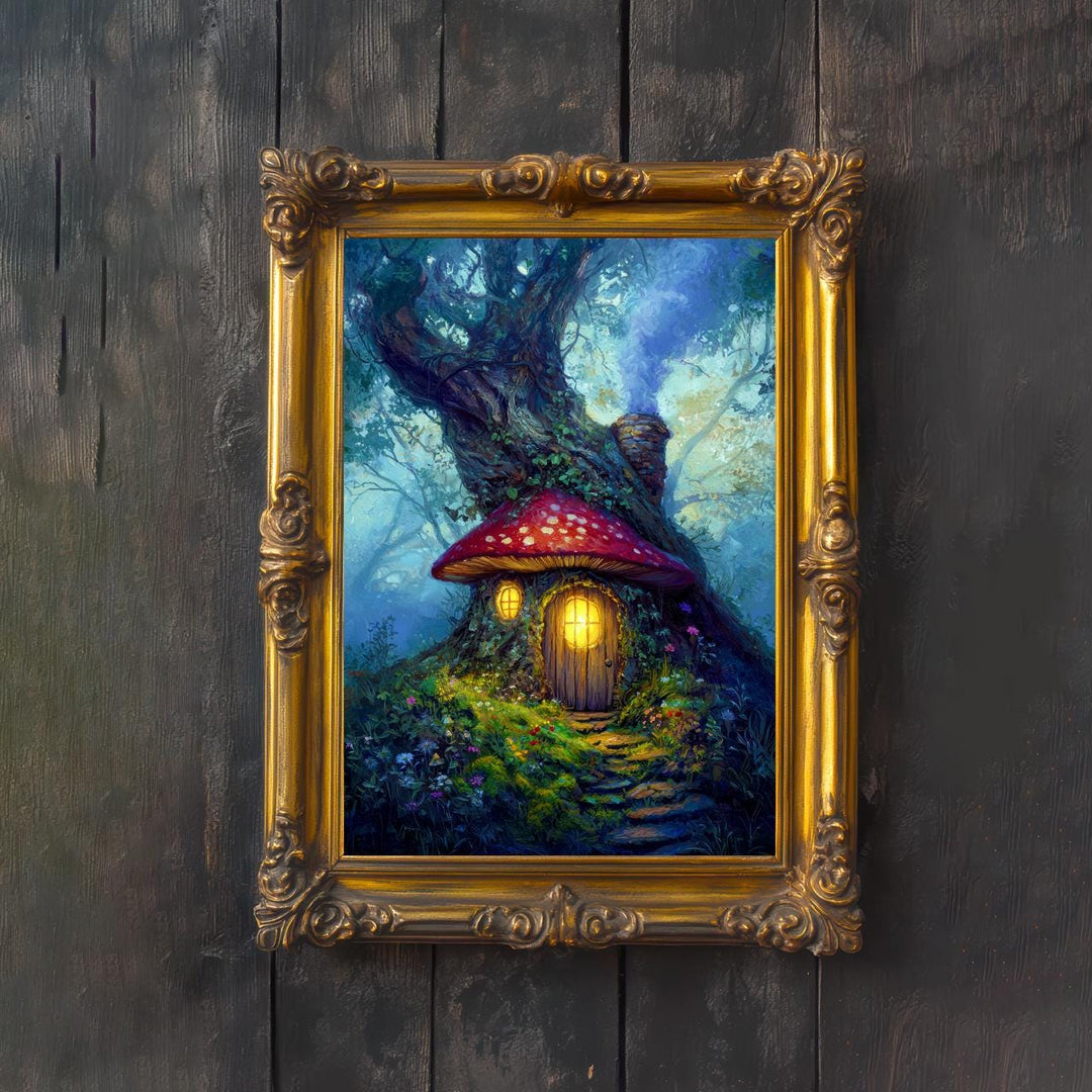 Toadstool Cottage Print: Whimsical Mushroom House, Enchanted Woodland Art