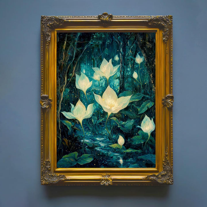 Moonflower Garden Art Print, Enchanted Floral Cottagecore Decor