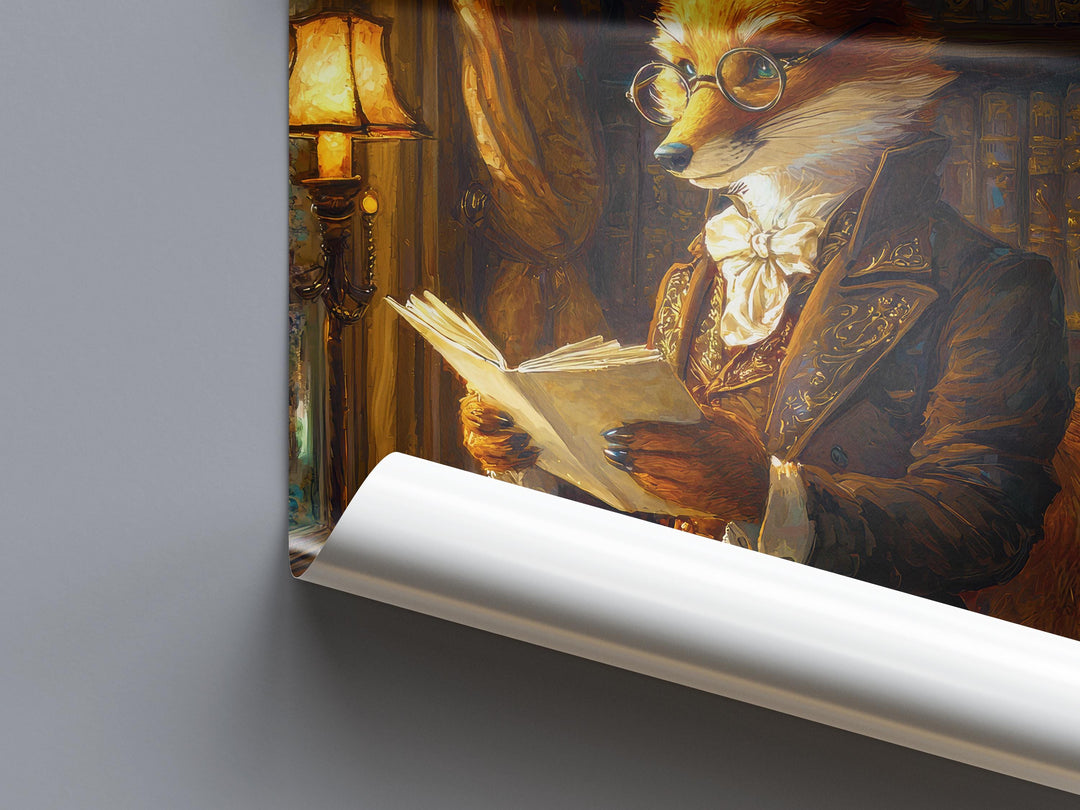 Fox Reading Poster Whimsical Animal Artwork Cottagecore Wall Art Cozy Woodland Illustration Enchanted Nature Print Vintage Storybook Fantasy