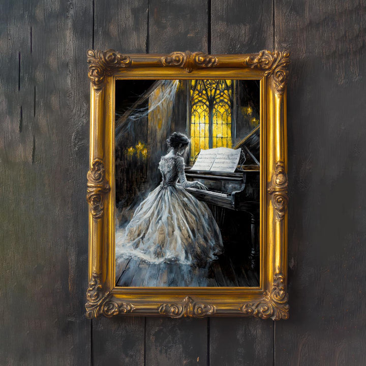 Ghost Bride Playing Piano Poster Gothic Haunted Artwork Dark Academia Wall Art Vintage Ghost Illustration Spooky Romantic Print Paranorma