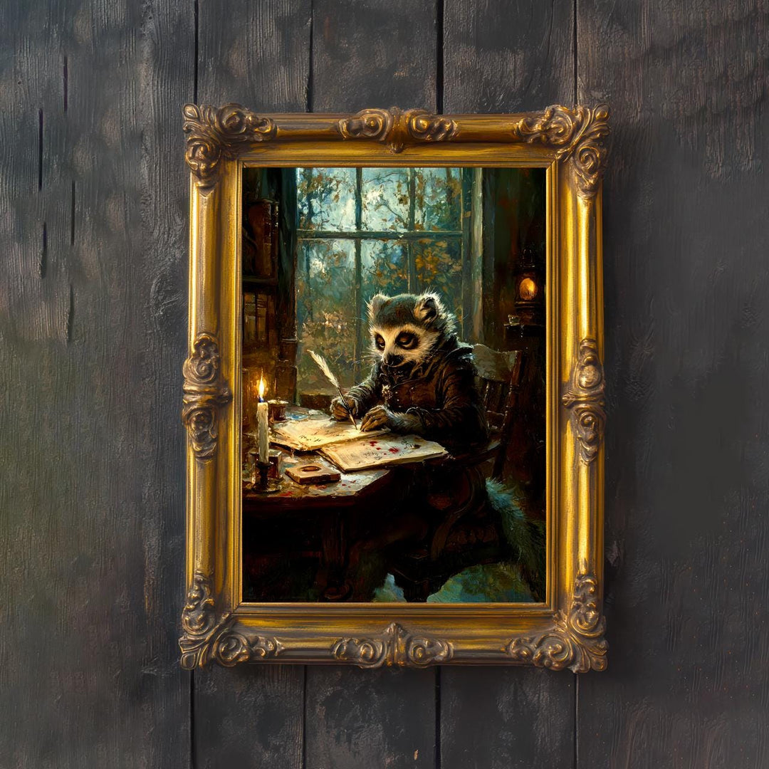 Lemur Poet Art Print, Whimsical Cottagecore Animal Poster