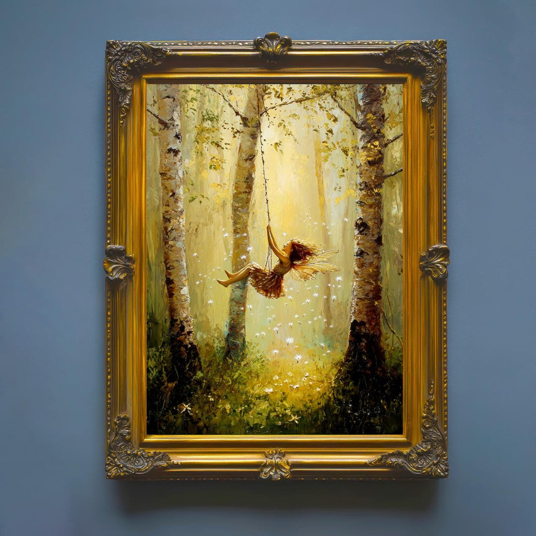 Fairy on Swing Poster Enchanted Woodland Artwork Magical Nature Illustration Cottagecore Wall Art Whimsical Fantasy Print Vintage Fairycore