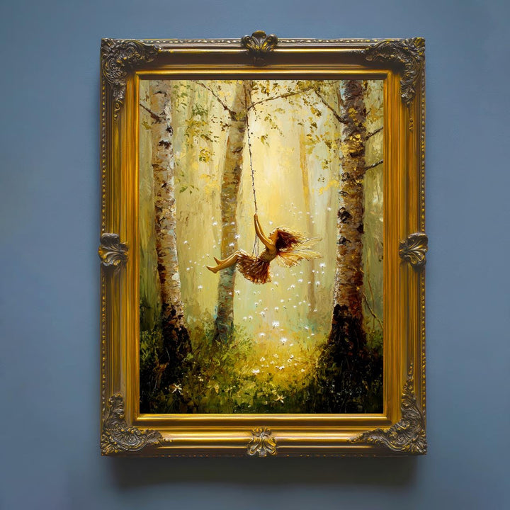 Fairy on Swing Poster Enchanted Woodland Artwork Magical Nature Illustration Cottagecore Wall Art Whimsical Fantasy Print Vintage Fairycore