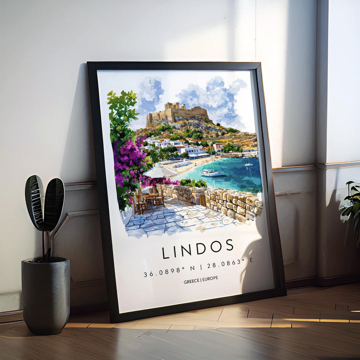 Lindos Watercolor Poster Wall Art Lindos Wall Hanging Home Décor Lindos Gift Art Lovers Greece Wall Art