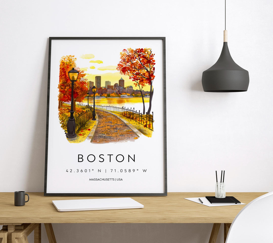 Boston Watercolor Poster Wall Art Boston Wall Hanging Home Décor Boston Gift Art Lovers United States Wall Art