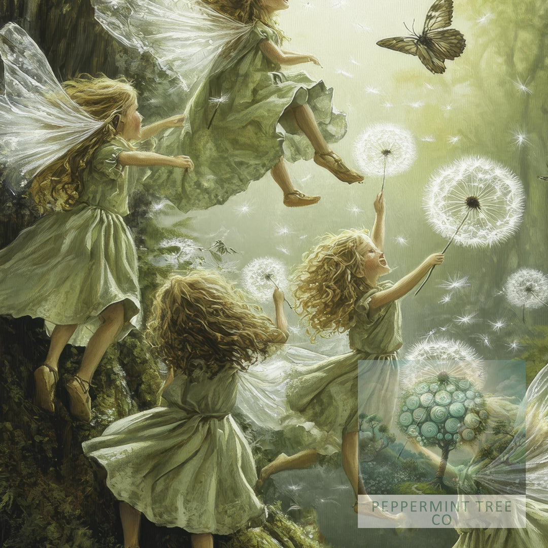 Dandelion Fairies Vintage Art Print - Cottagecore Illustration