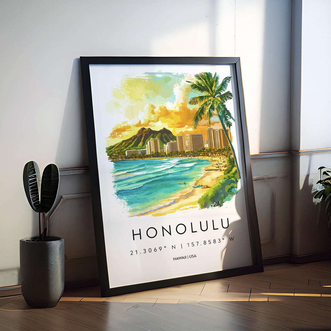 Honolulu Watercolor Poster Wall Art Honolulu Wall Hanging Home Décor Honolulu Gift Art Lovers United States Wall Art