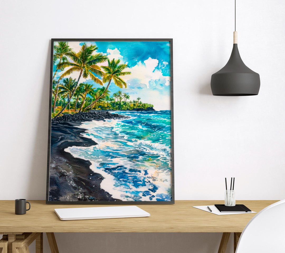 Punaluʻu Black Sand Beach Watercolor Poster Wall Art Punaluʻu Black Sand Beach Wall Hanging Home Décor Punaluʻu Black Sand Beach