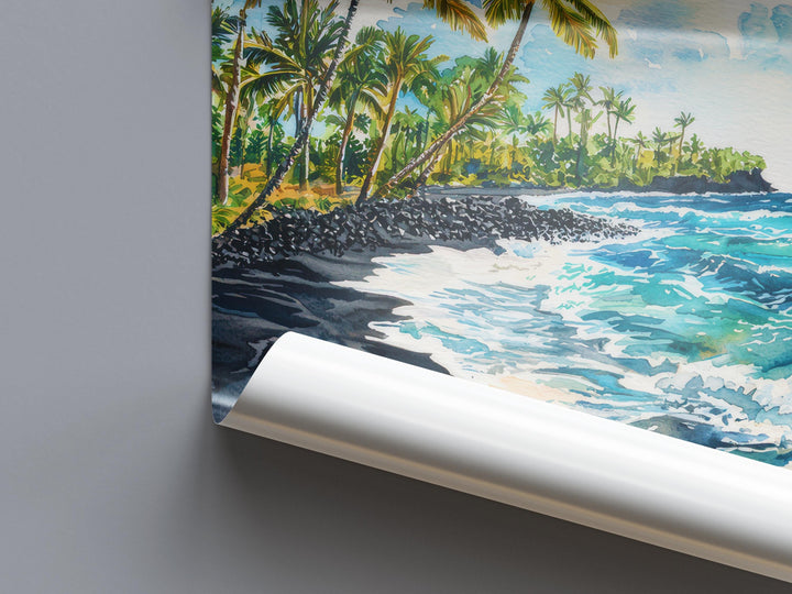 Punaluʻu Black Sand Beach Watercolor Poster Wall Art Punaluʻu Black Sand Beach Wall Hanging Home Décor Punaluʻu Black Sand Beach