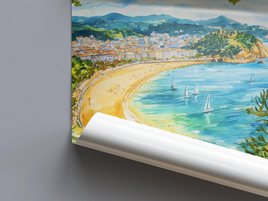San Sebastian Watercolor Poster Spain Travel Print Wall Art Home Decor Gift Spanish City Beach Food Wall Decor Hanging