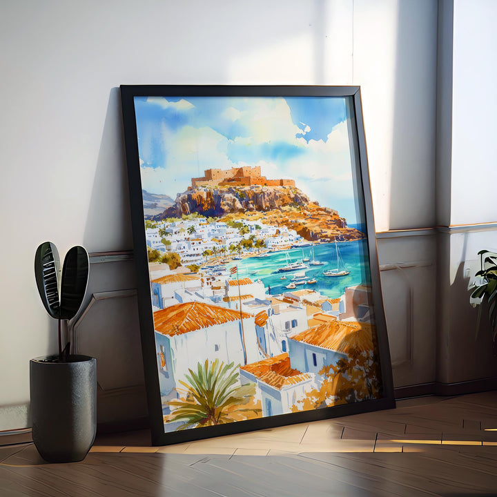Lindos Watercolor Poster Wall Art Lindos Wall Hanging Home Décor Lindos Gift Art Lovers Greece Wall Art