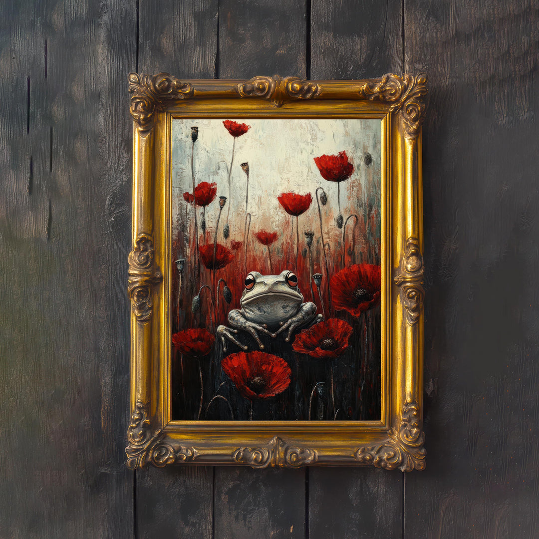Frog Among Poppies Cottagecore Print Poster Vintage Botanical Art Dark Academia Wall Decor Antique Illustration Enchanted Garden