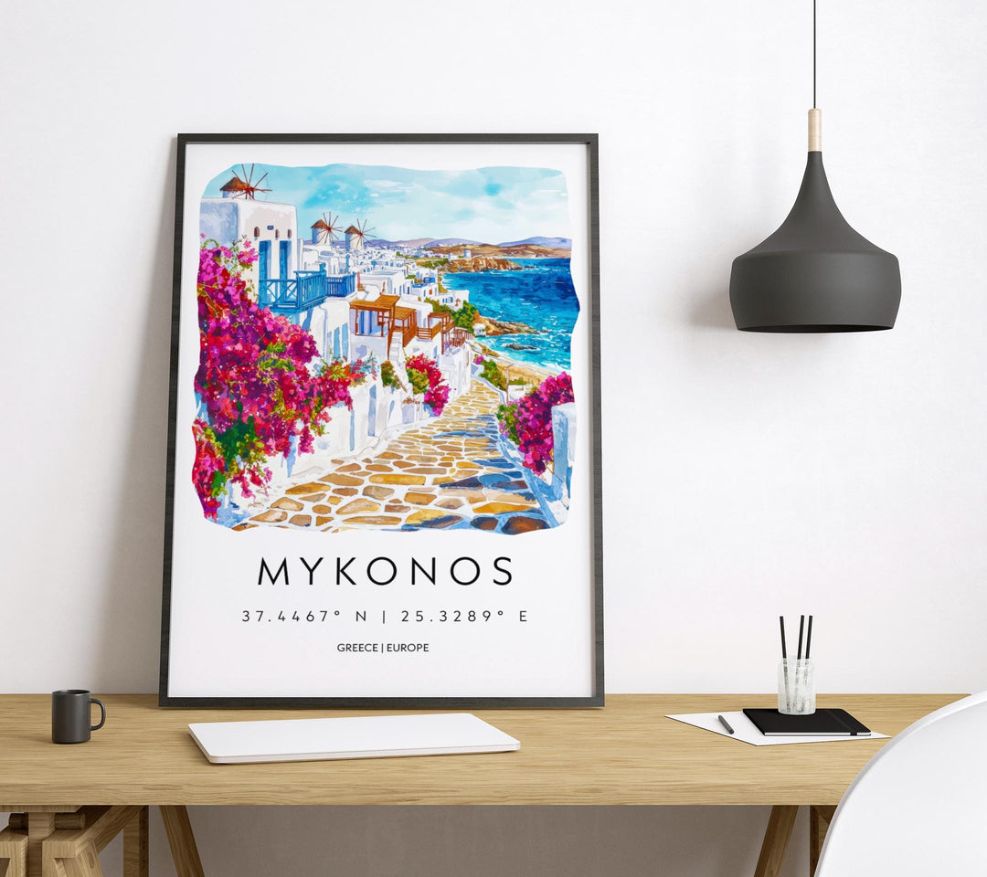 Mykonos Watercolor Poster Wall Art Mykonos Wall Hanging Home Décor Mykonos Gift Art Lovers Greece Wall Art