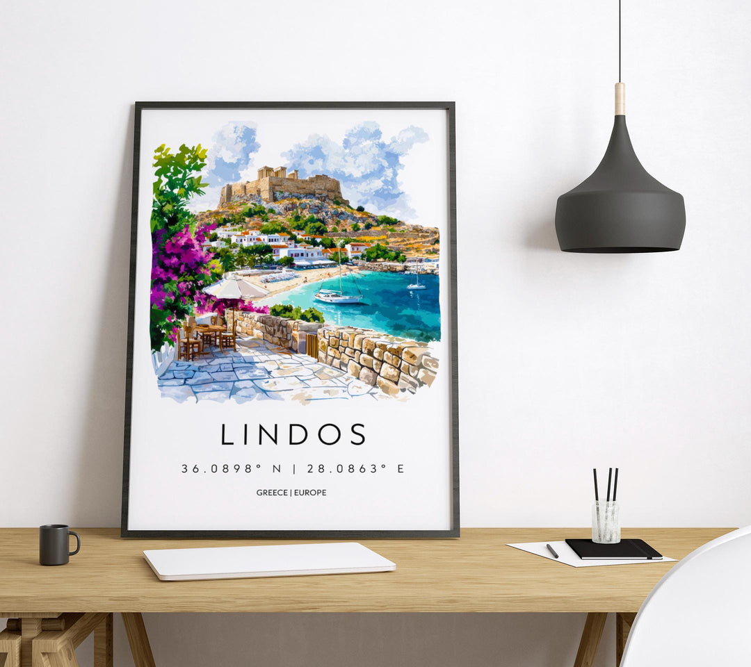 Lindos Watercolor Poster Wall Art Lindos Wall Hanging Home Décor Lindos Gift Art Lovers Greece Wall Art