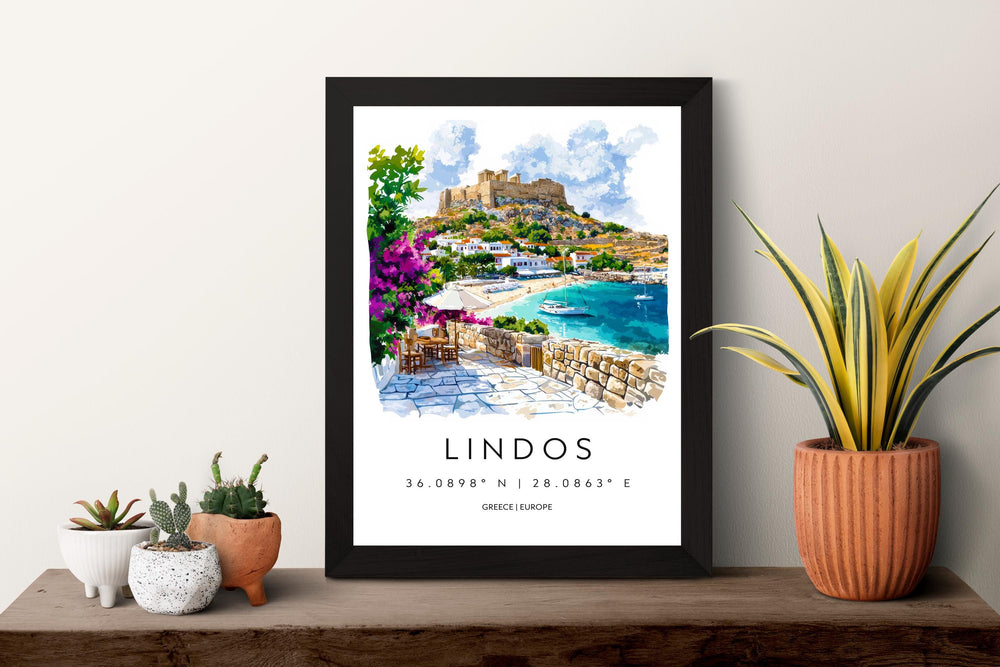 Lindos Watercolor Poster Wall Art Lindos Wall Hanging Home Décor Lindos Gift Art Lovers Greece Wall Art