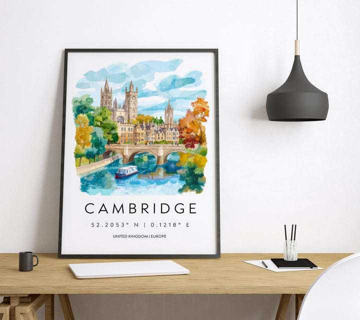 Cambridge Watercolor Poster Wall Art Cambridge Wall Hanging Home Décor Cambridge Gift Art Lovers United Kingdom Wall Art