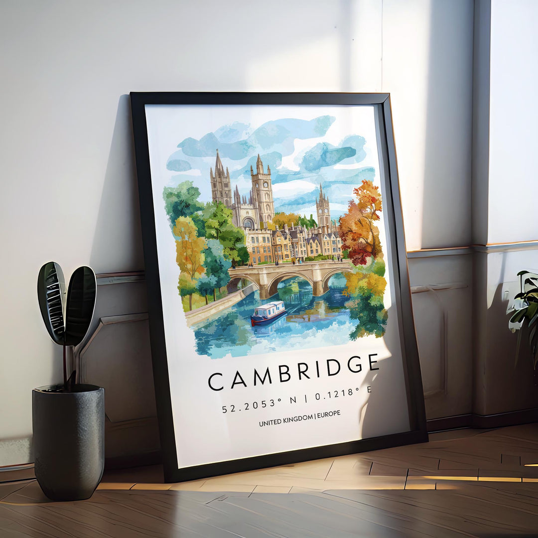Cambridge Watercolor Poster Wall Art Cambridge Wall Hanging Home Décor Cambridge Gift Art Lovers United Kingdom Wall Art