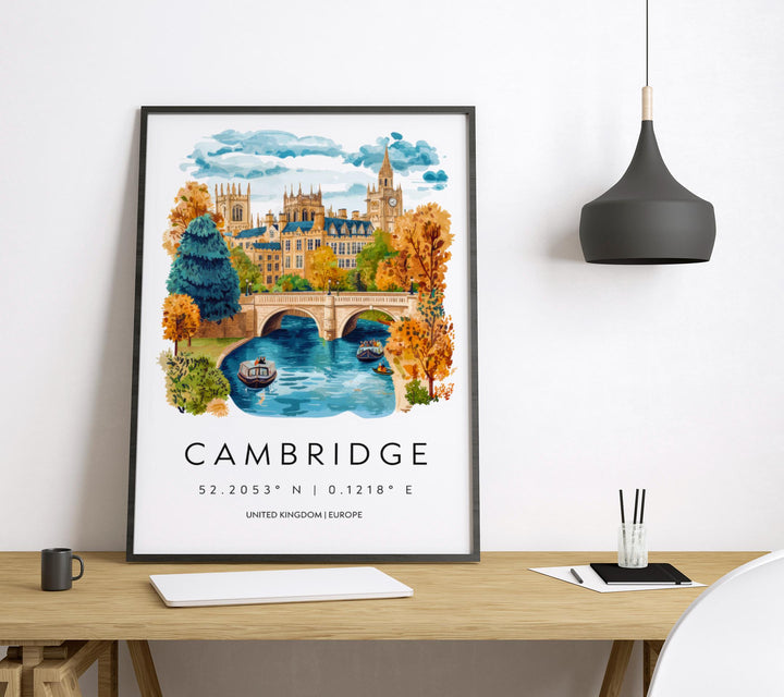 Cambridge Watercolor Poster Wall Art Cambridge Wall Hanging Home Décor Cambridge Gift Art Lovers United Kingdom Wall Art