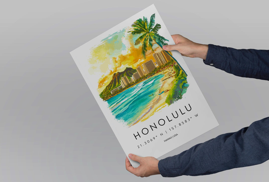 Honolulu Watercolor Poster Wall Art Honolulu Wall Hanging Home Décor Honolulu Gift Art Lovers United States Wall Art