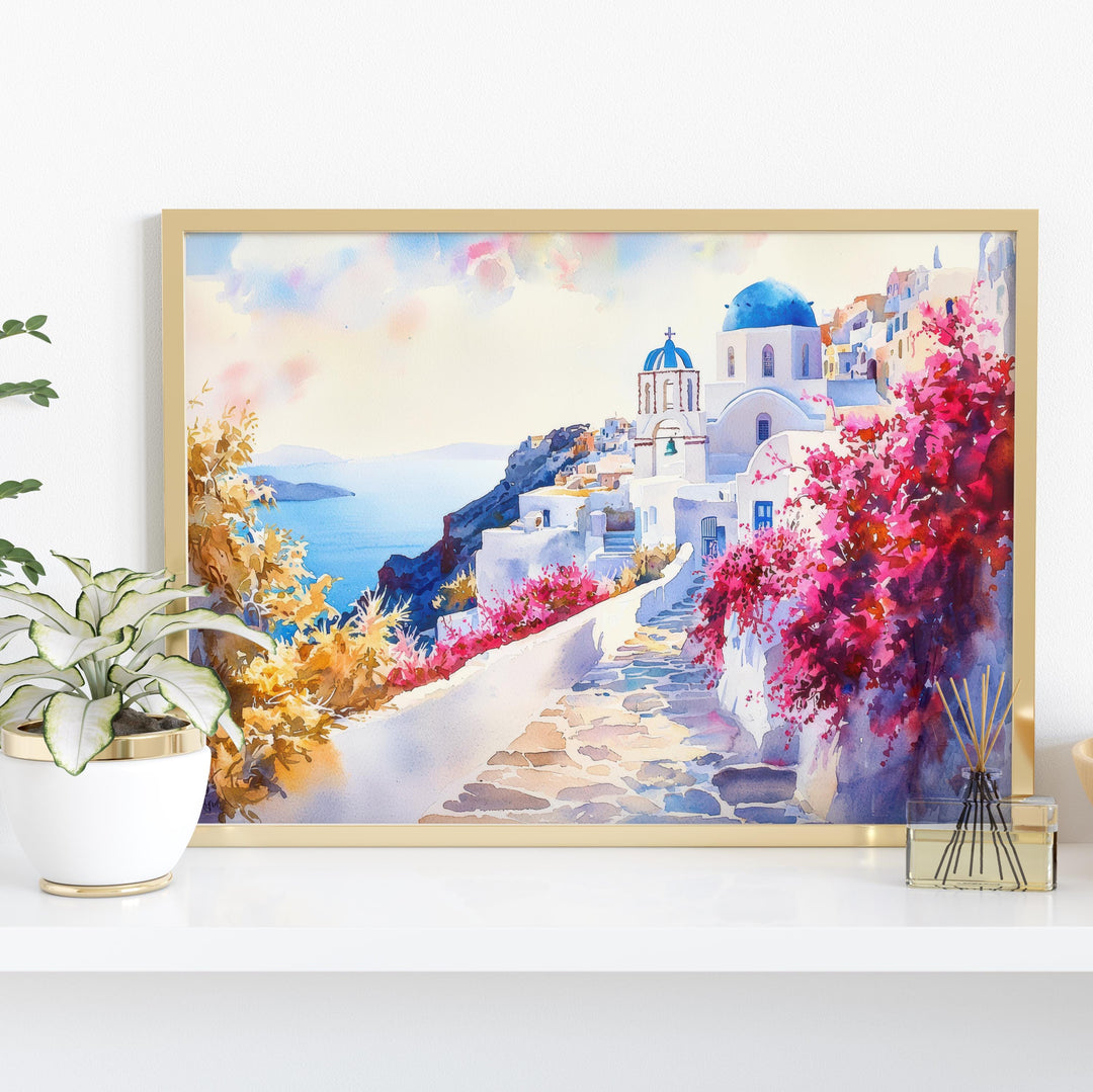 Santorini Watercolor Poster Landscape Wall Art Santorini Wall Hanging Home Décor Santorini Gift Art Lovers Greece Wall Art