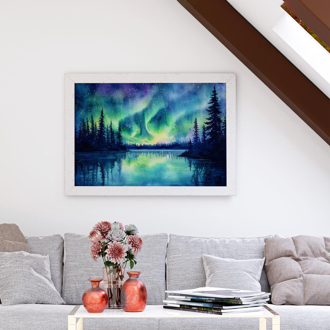 Northern Lights Watercolor Poster Landscape Wall Art Northern Lights Wall Hanging Home Décor Northern Lights Gift Art Lovers Norway Wall Art