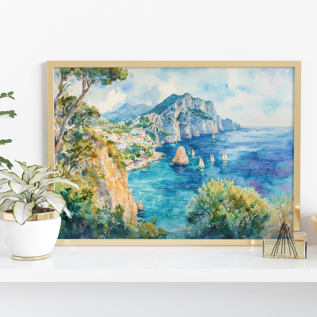Capri Watercolor Poster Landscape Wall Art Capri Wall Hanging Home Décor Capri Gift Art Lovers Italy Wall Art