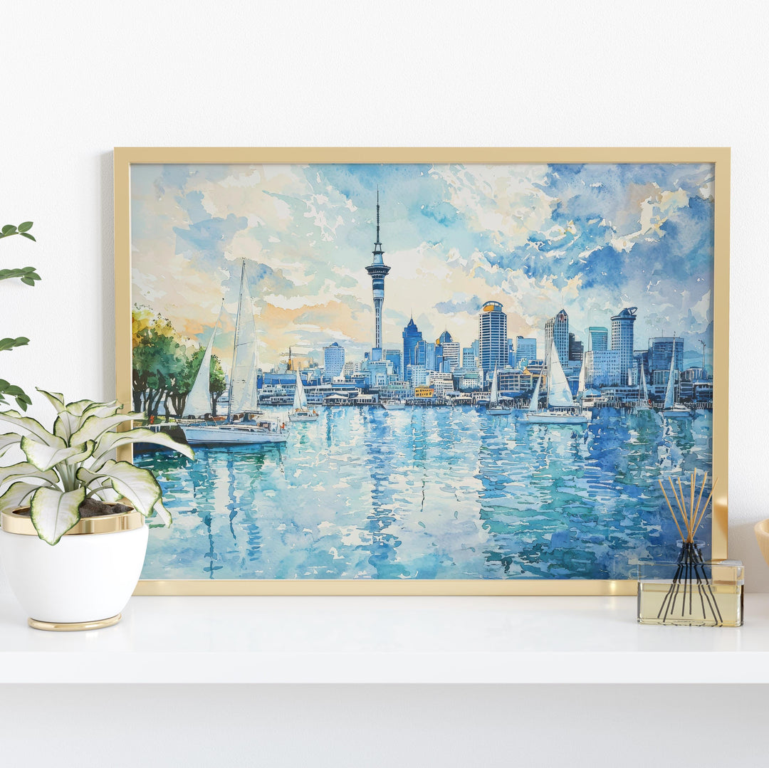 Auckland Watercolor Poster Landscape Wall Art Auckland Wall Hanging Home Décor Auckland Gift Art Lovers New Zealand Wall Art