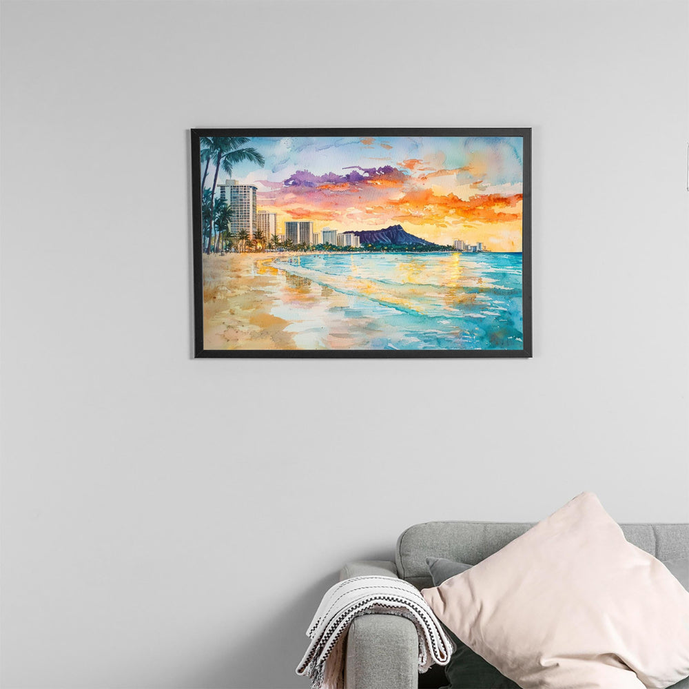 Waikiki Beach Watercolor Poster Landscape Wall Art Waikiki Beach Wall Hanging Home Décor Waikiki Beach Gift Art Lovers United States Art