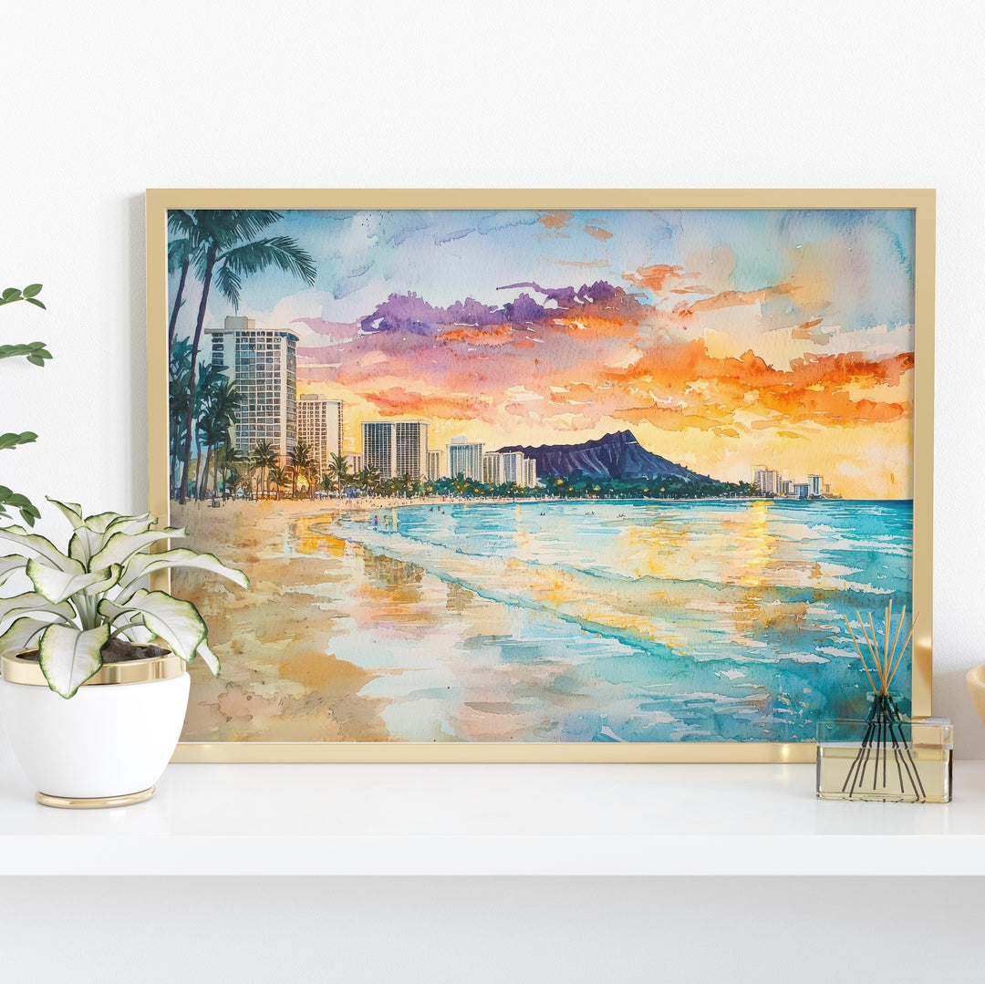 Waikiki Beach Watercolor Poster Landscape Wall Art Waikiki Beach Wall Hanging Home Décor Waikiki Beach Gift Art Lovers United States Art
