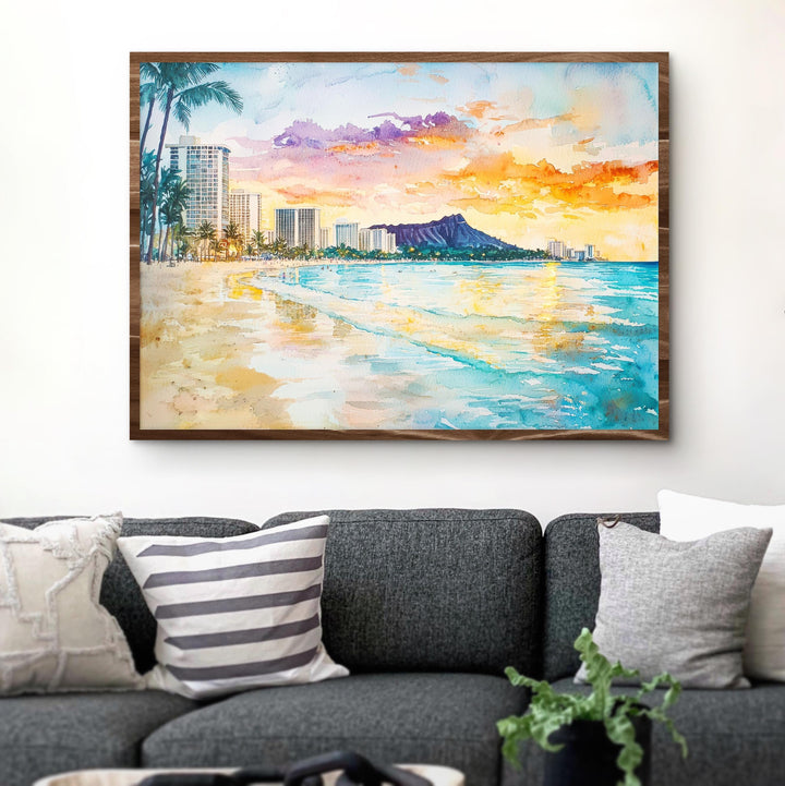 Waikiki Beach Watercolor Poster Landscape Wall Art Waikiki Beach Wall Hanging Home Décor Waikiki Beach Gift Art Lovers United States Art