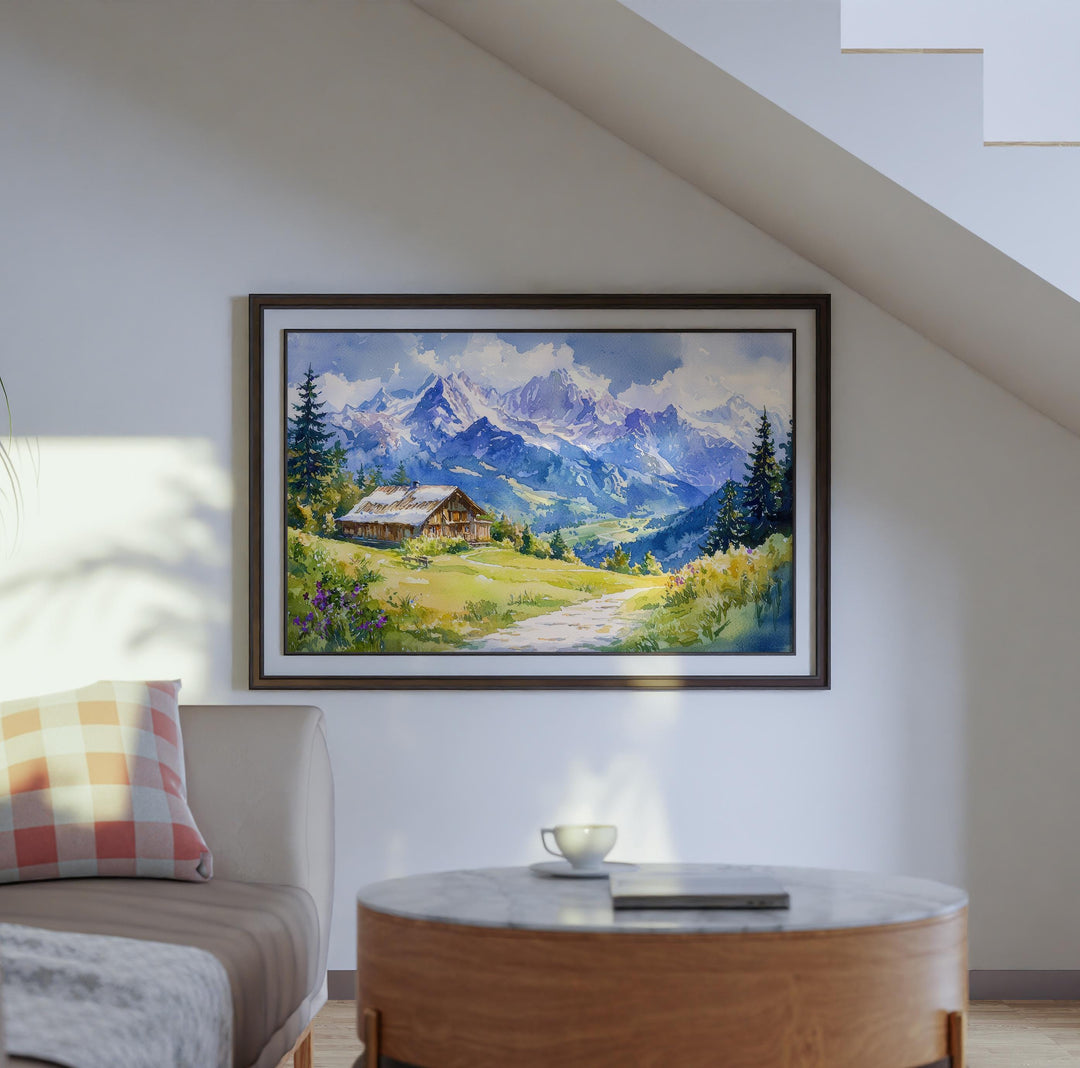 French Alps Watercolor Poster Mountain Scenery Wall Art French Alps Wall Hanging Home Décor French Alps Gift Art Lovers France Wall Art