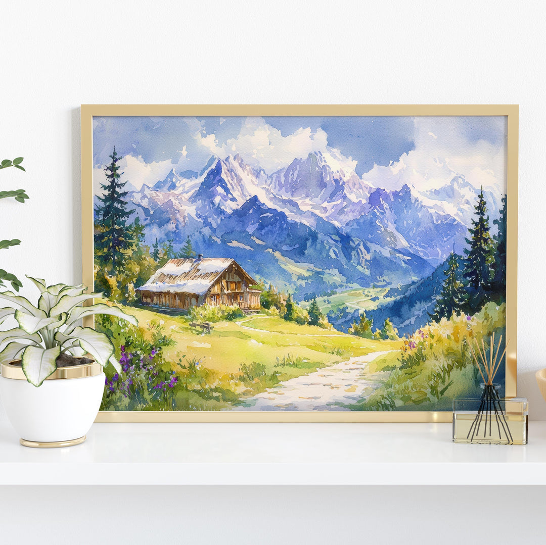 French Alps Watercolor Poster Mountain Scenery Wall Art French Alps Wall Hanging Home Décor French Alps Gift Art Lovers France Wall Art