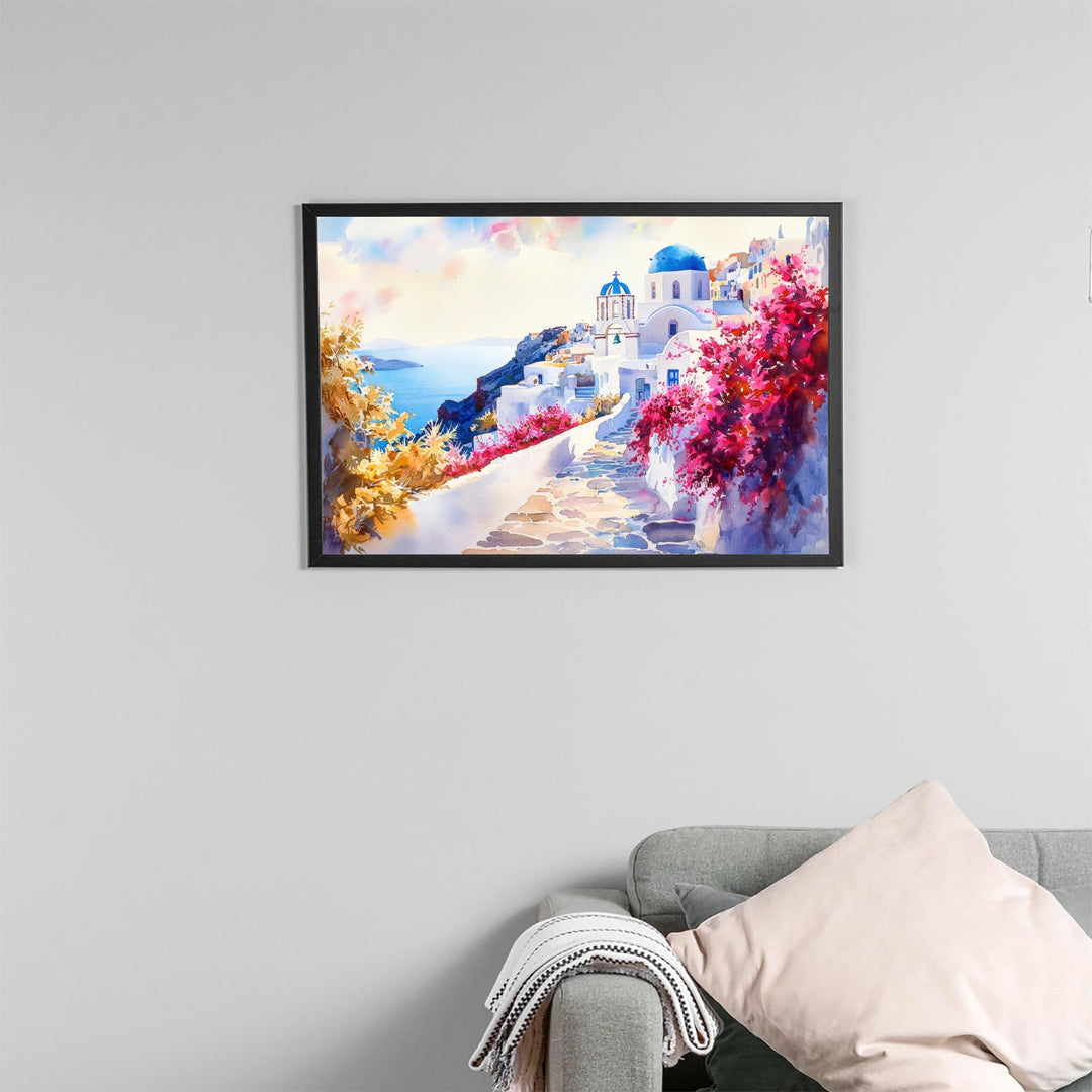 Santorini Watercolor Poster Landscape Wall Art Santorini Wall Hanging Home Décor Santorini Gift Art Lovers Greece Wall Art