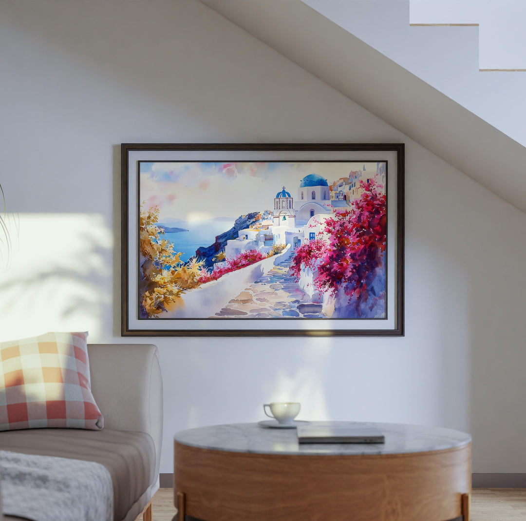 Santorini Watercolor Poster Landscape Wall Art Santorini Wall Hanging Home Décor Santorini Gift Art Lovers Greece Wall Art