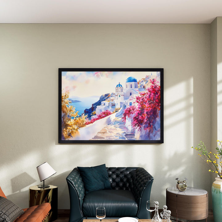 Santorini Watercolor Poster Landscape Wall Art Santorini Wall Hanging Home Décor Santorini Gift Art Lovers Greece Wall Art