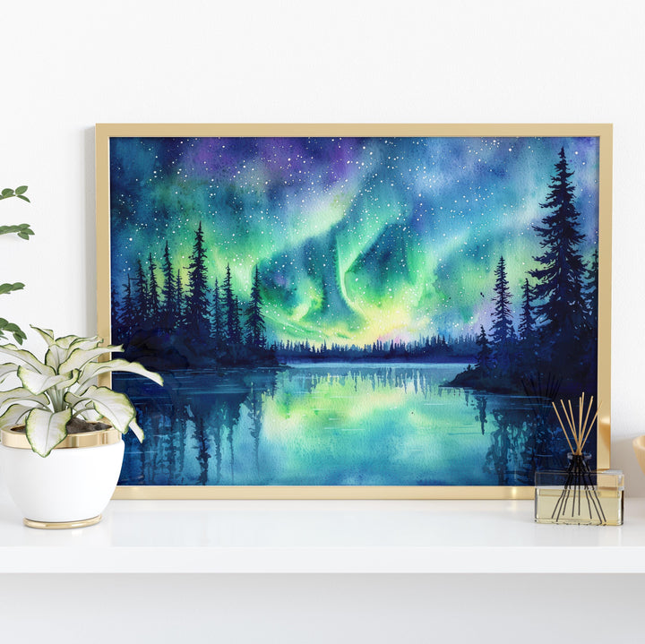 Northern Lights Watercolor Poster Landscape Wall Art Northern Lights Wall Hanging Home Décor Northern Lights Gift Art Lovers Norway Wall Art